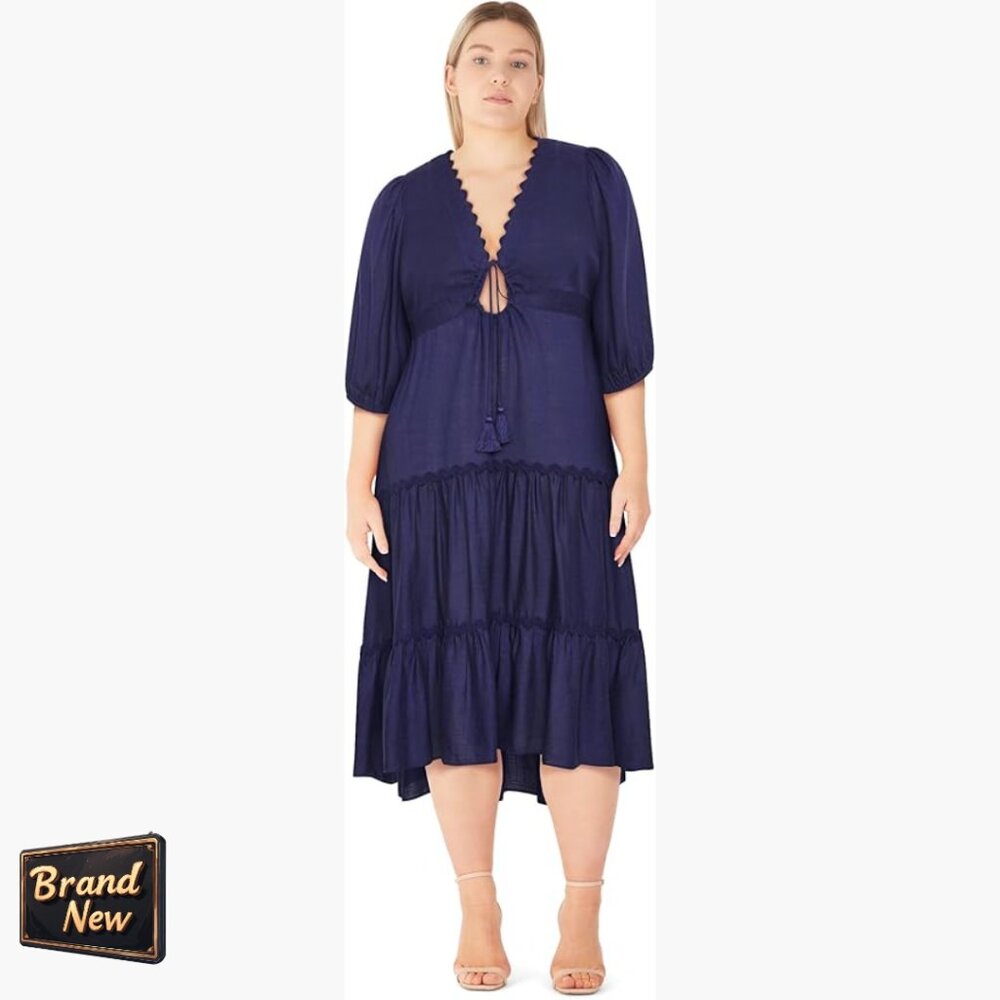 Maxi Dress With V-Neck, 3/4 Sleeves, Tiered Skirt, Pull-On Fit & Flare
